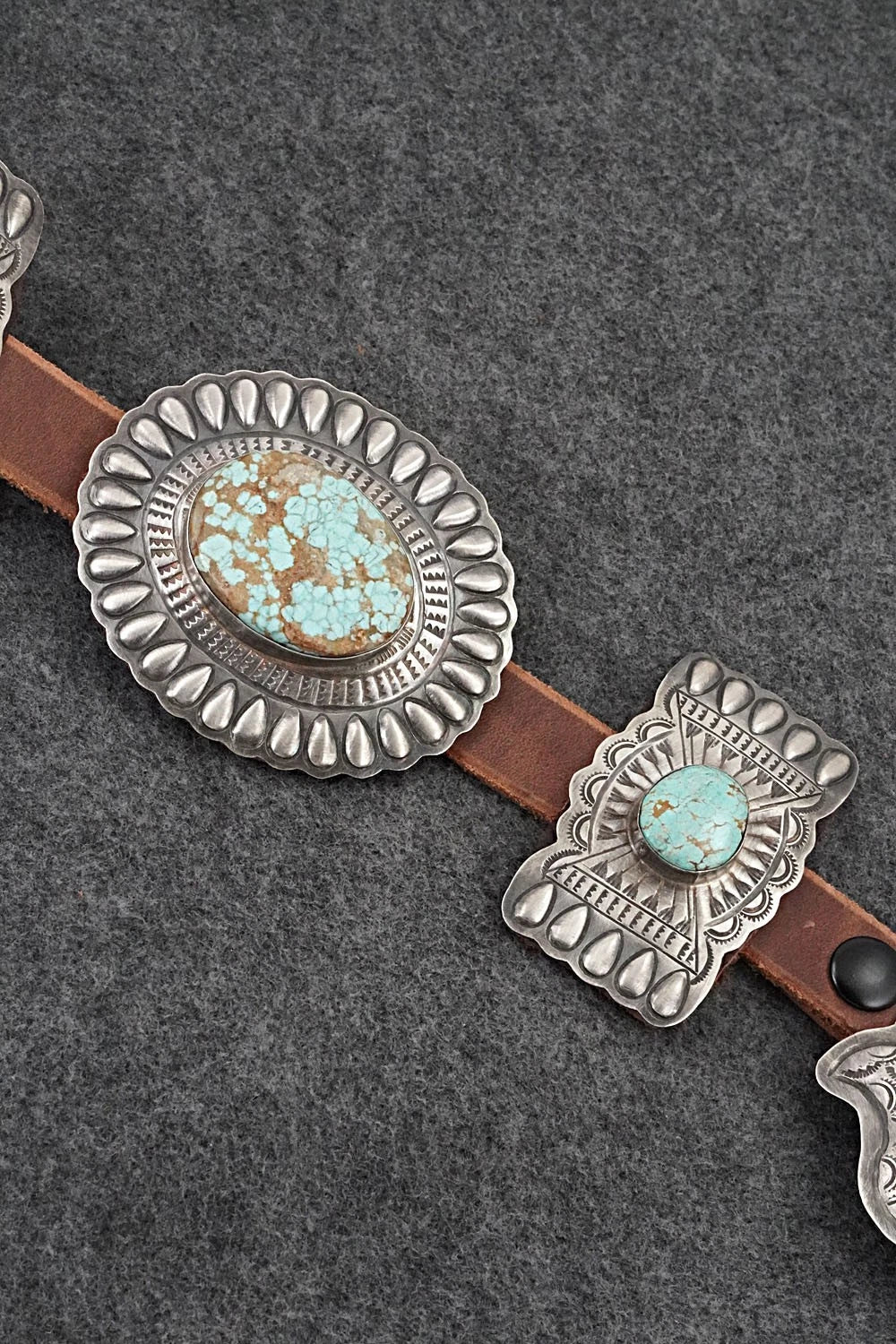 Turquoise, Sterling Silver & Leather Concho Belt - Dan Morgan