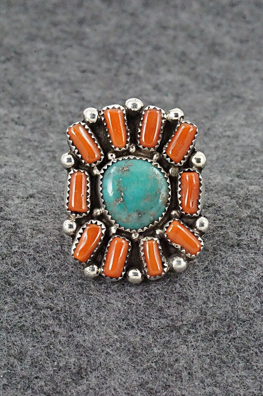 Turquoise, Coral & Sterling Silver Ring - Priscilla Reeder - Size 8.5