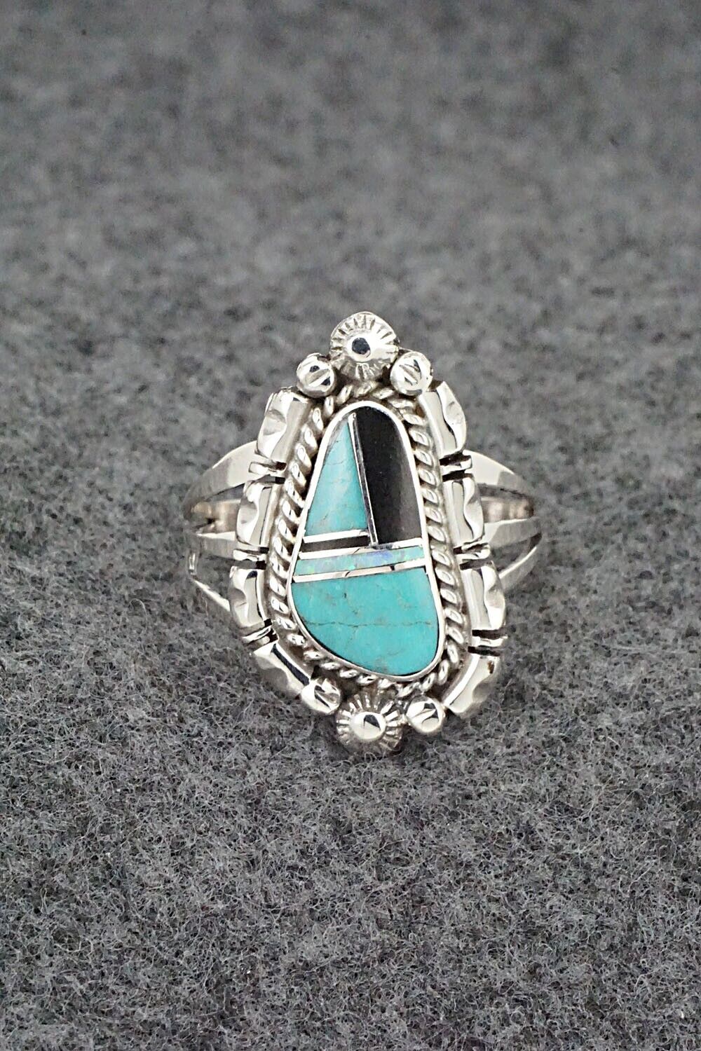 Turquoise, Opalite, Onyx & Sterling Silver Ring - James Manygoats - Size 9