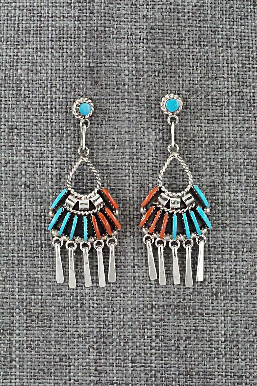 Turquoise, Coral & Sterling Silver Earrings - Edmund Cooeyate