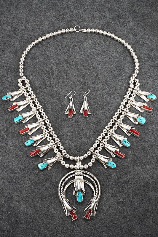 Turquoise, Coral & Sterling Silver Squash Blossom Set - Louise Yazzie