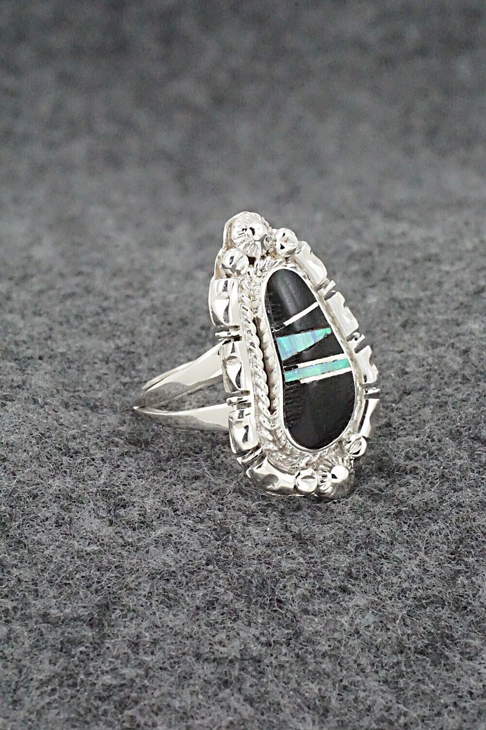Onyx, Opalite & Sterling Silver Inlay Ring - James Manygoats - Size 7.25