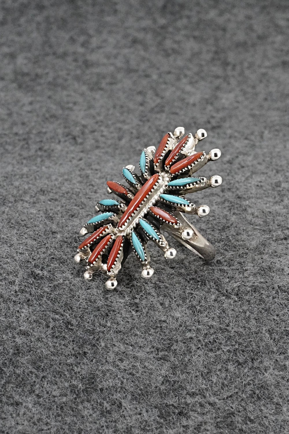 Turquoise, Coral & Sterling Silver Ring - Jack Etsate - Size 8.5