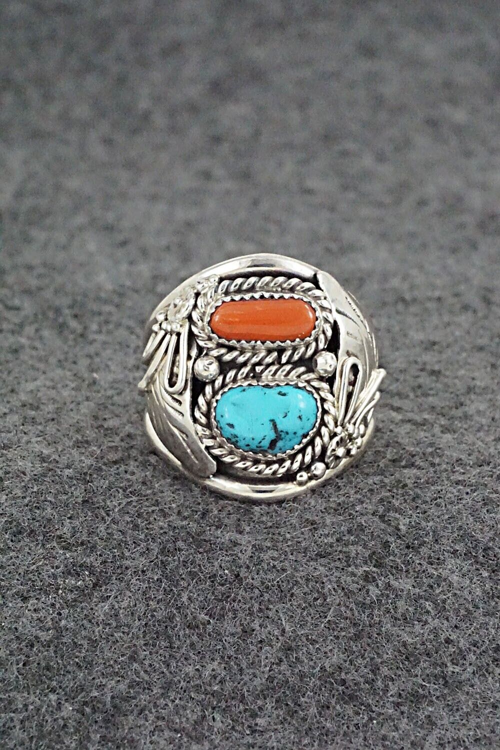 Turquoise, Coral & Sterling Silver Ring - Leonard Spencer - Size 11.5