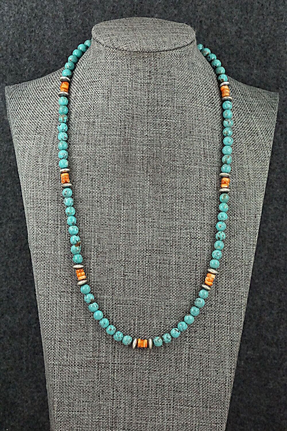 Turquoise, Spiny Oyster & Sterling Silver Necklace 20" - Doreen Jake