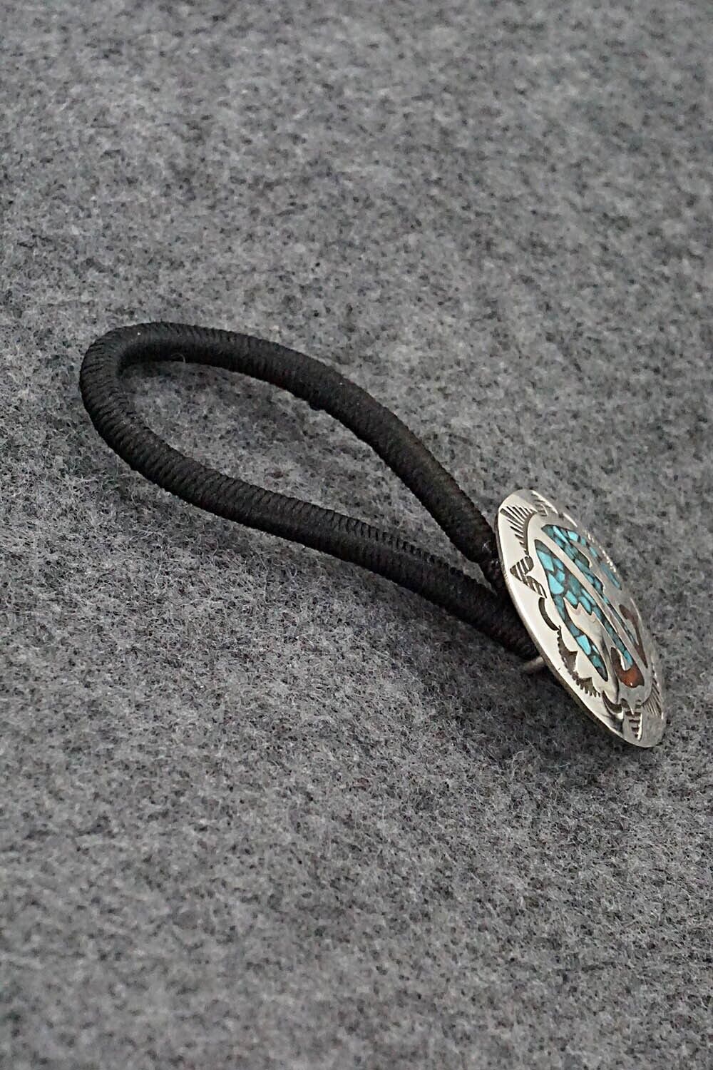 Turquoise, Coral Chip Inlay & Sterling Silver Hair Tie - Joleen Yazzie