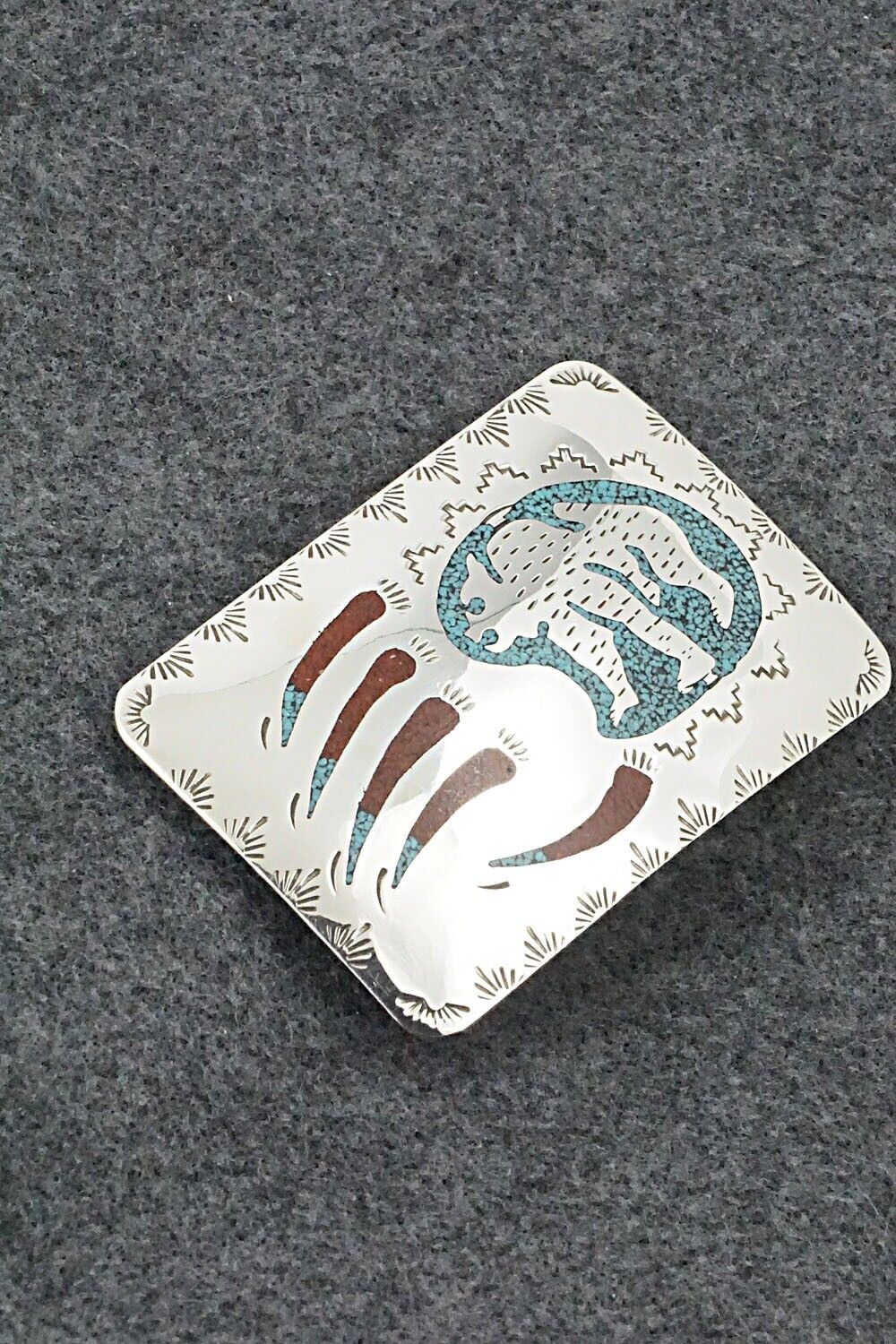 Turquoise, Coral Chip Inlay & Sterling Silver Belt Buckle - Raymond Begay