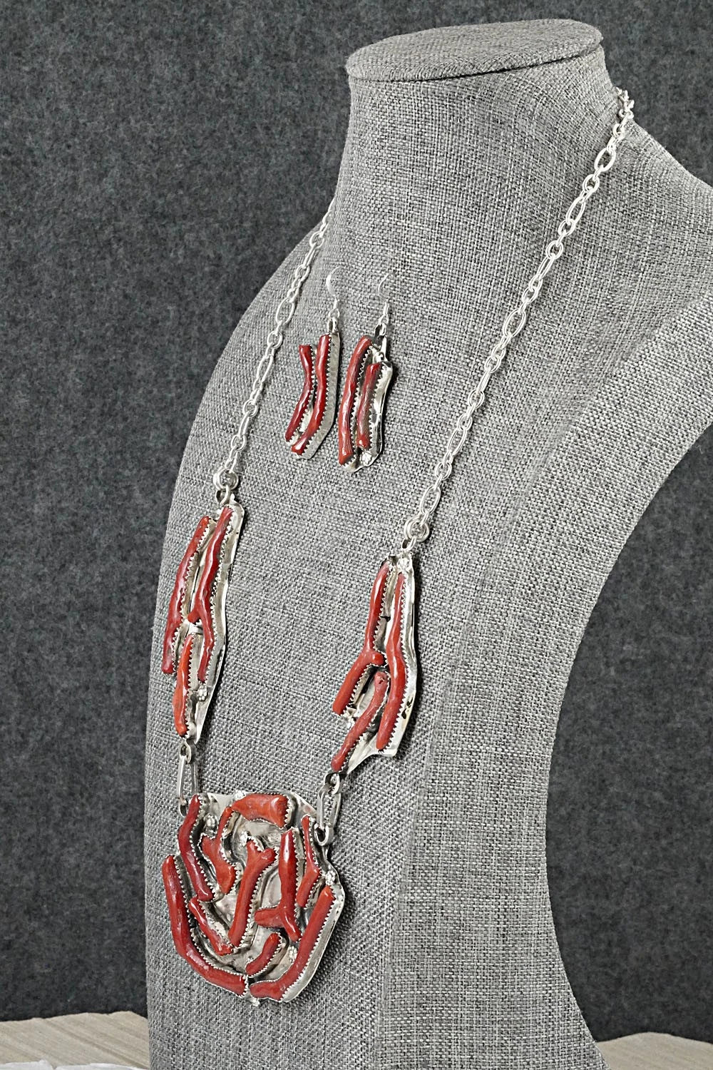 Coral & Sterling Silver Necklace and Earrings Set - Tsabetsaye