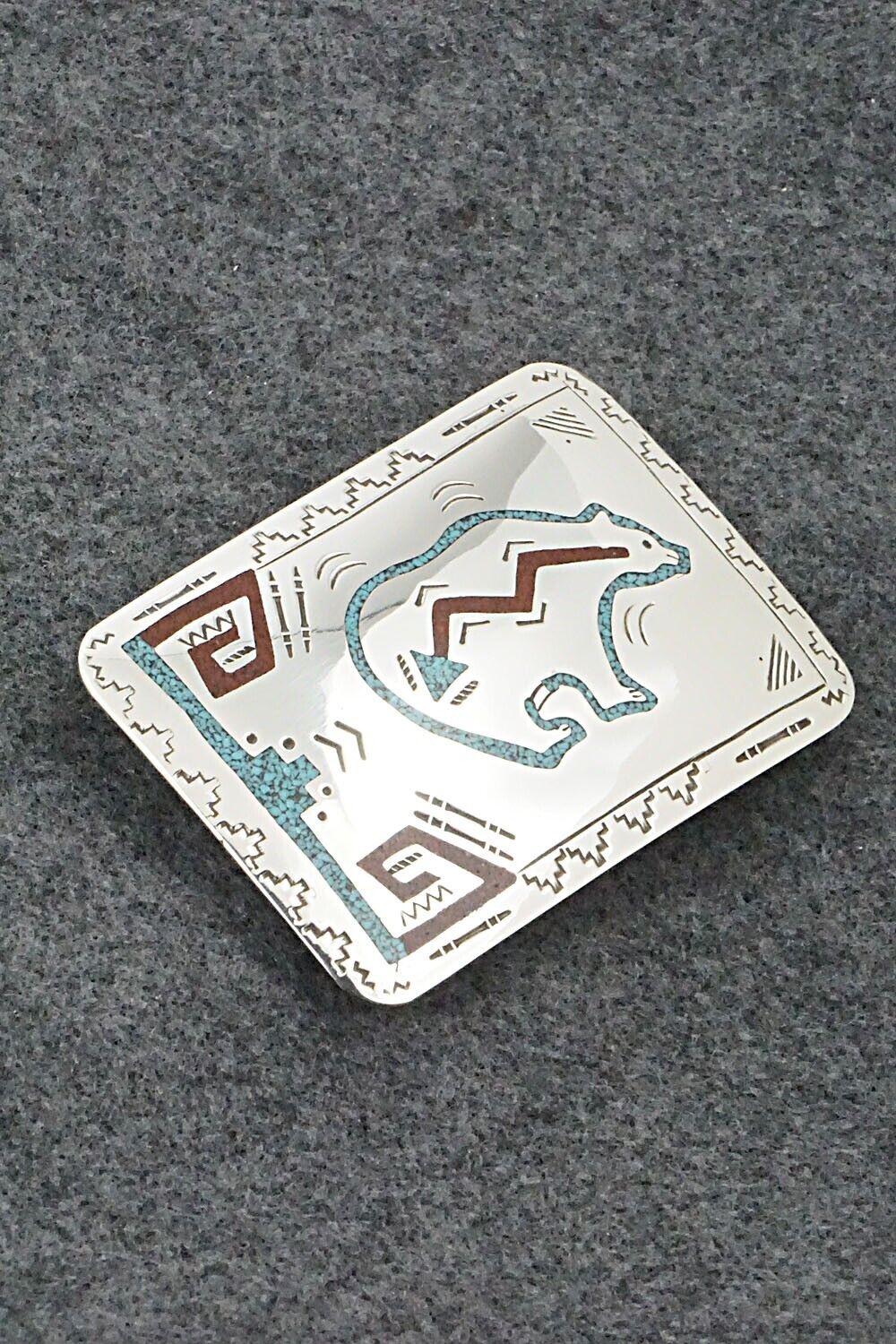 Turquoise, Coral Chip Inlay & Sterling Silver Belt Buckle - Raymond Begay