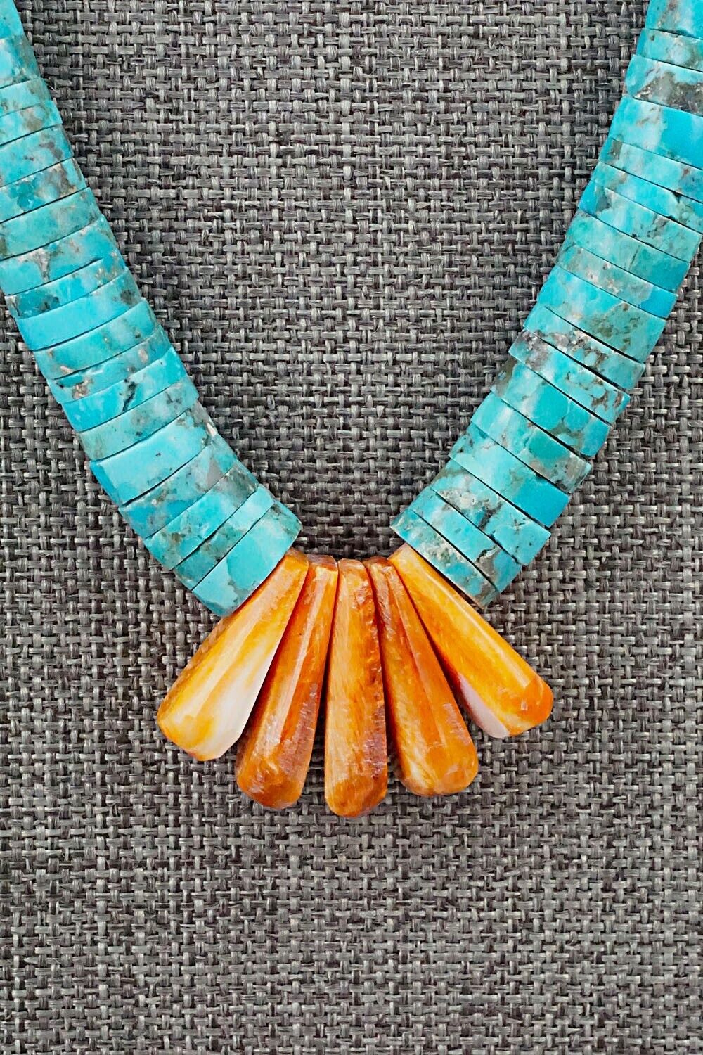 Turquoise, Spiny Oyster and Sterling Silver Necklace - Lupe Lovato