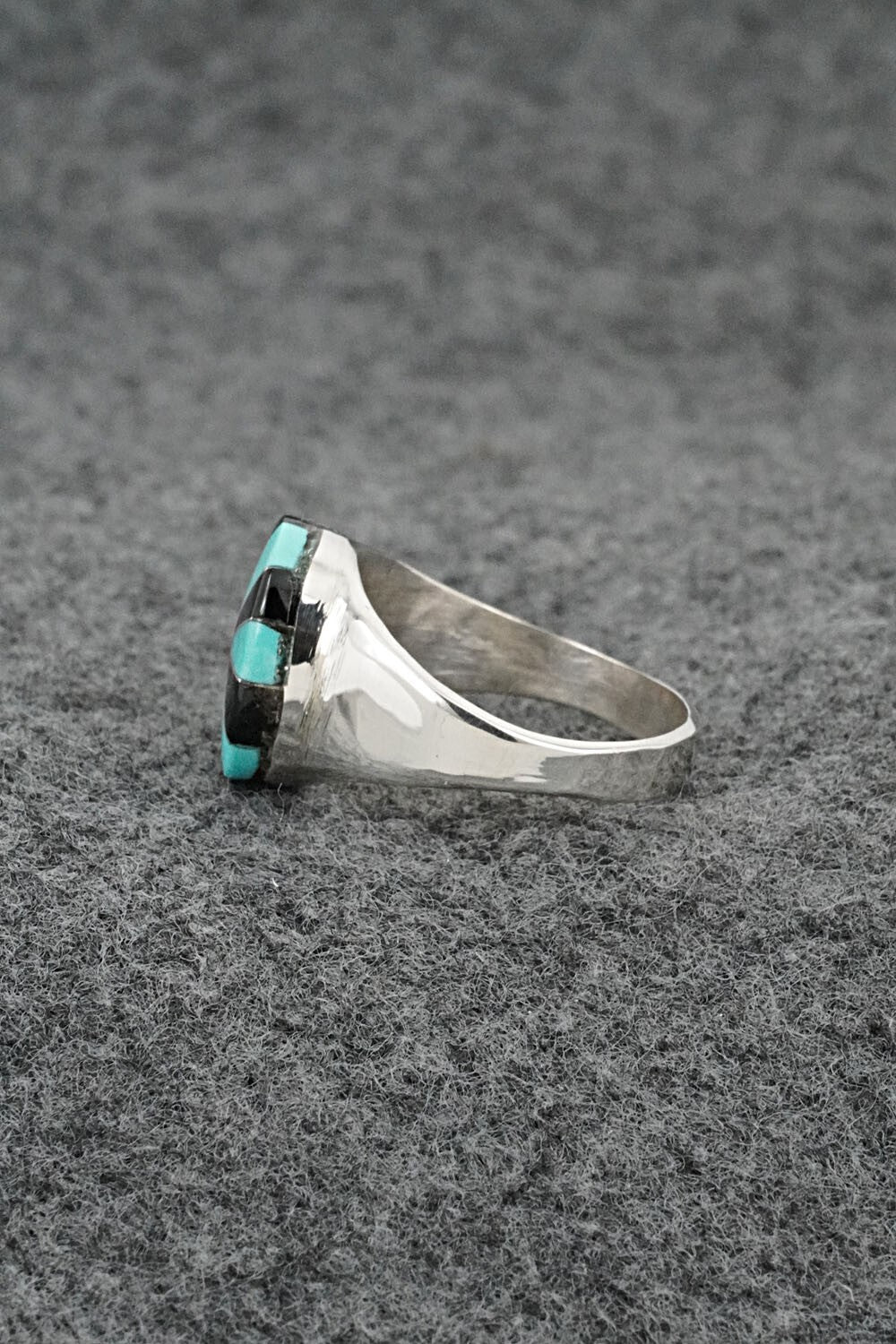 Turquoise, Onyx & Sterling Silver Inlay Ring - Johnson Laweka - Size 6.5