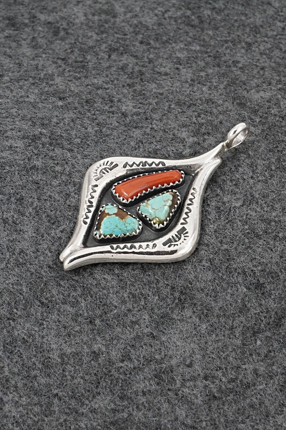 Turquoise, Coral & Sterling Silver Pendant - Wilbur Iule