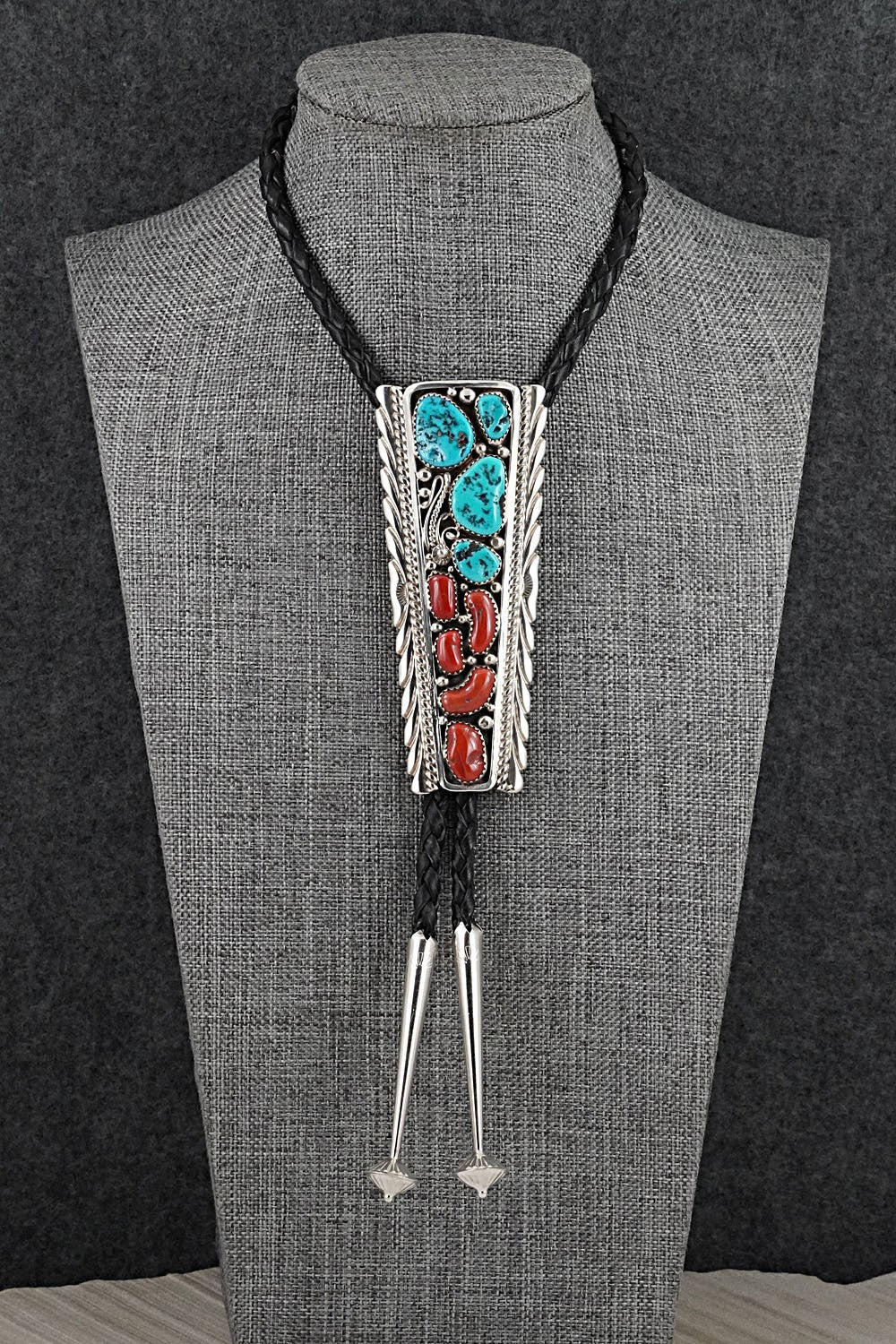 Turquoise, Coral & Sterling Silver Bolo Tie - Martin Muskett