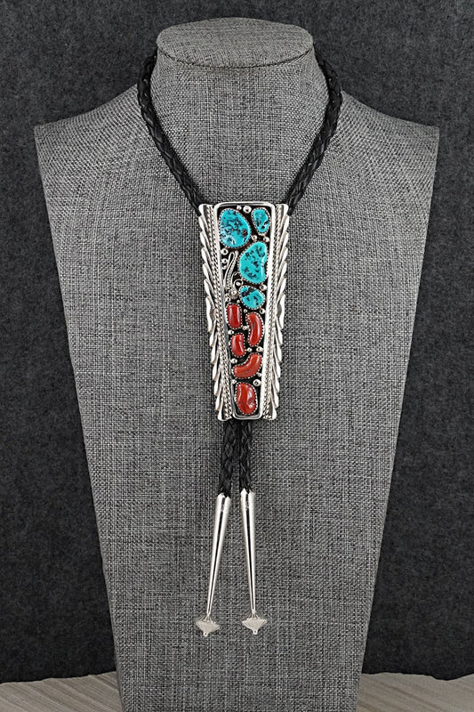 Turquoise, Coral & Sterling Silver Bolo Tie - Martin Muskett