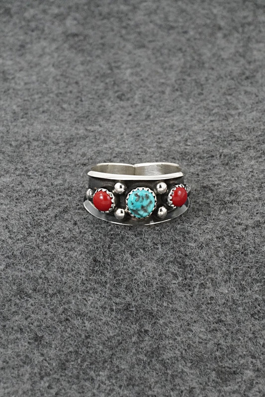 Turquoise, Coral & Sterling Silver Ring - Paul Largo - Size 11