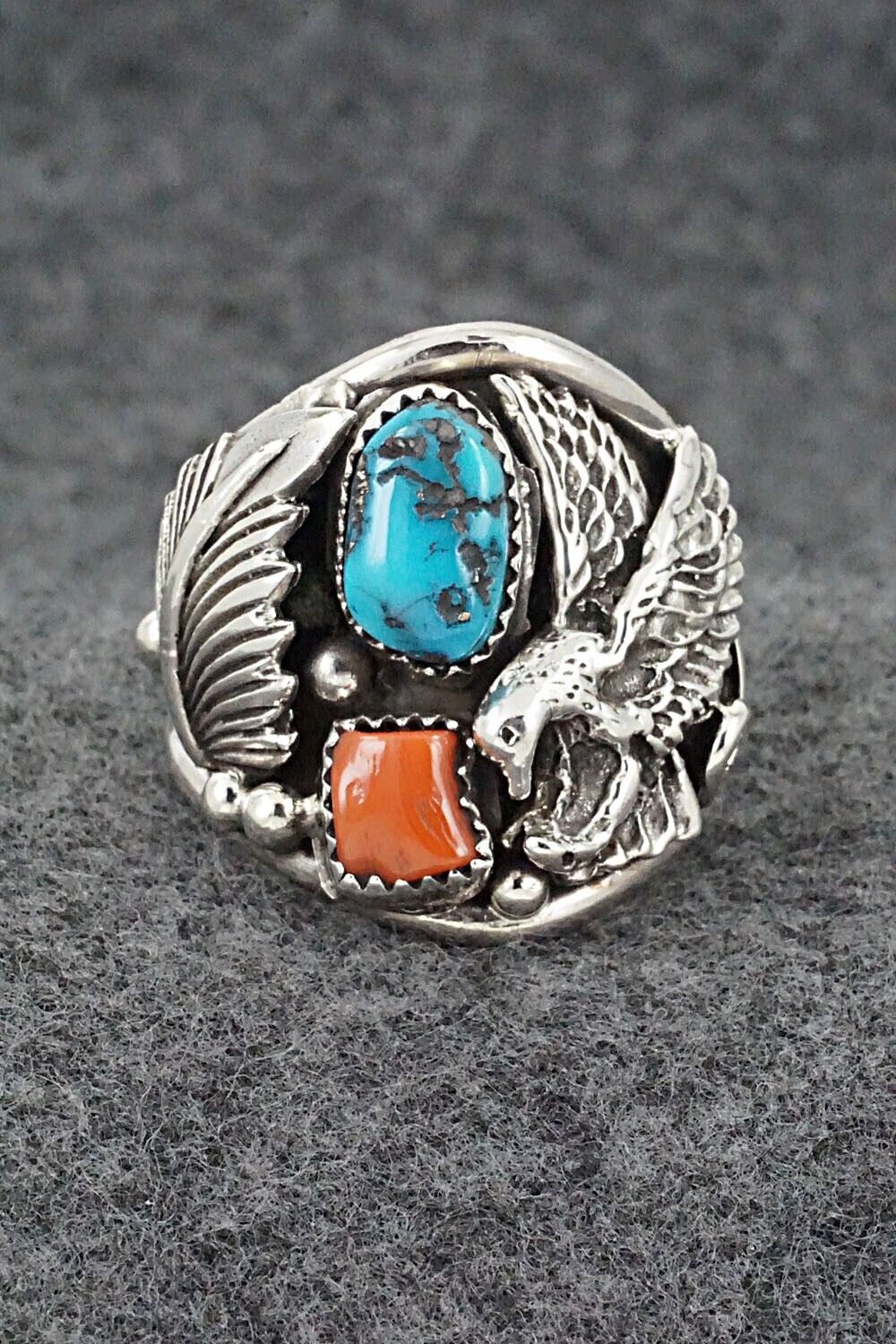 Turquoise, Coral & Sterling Silver Ring - Jeannette Saunders - Size 13