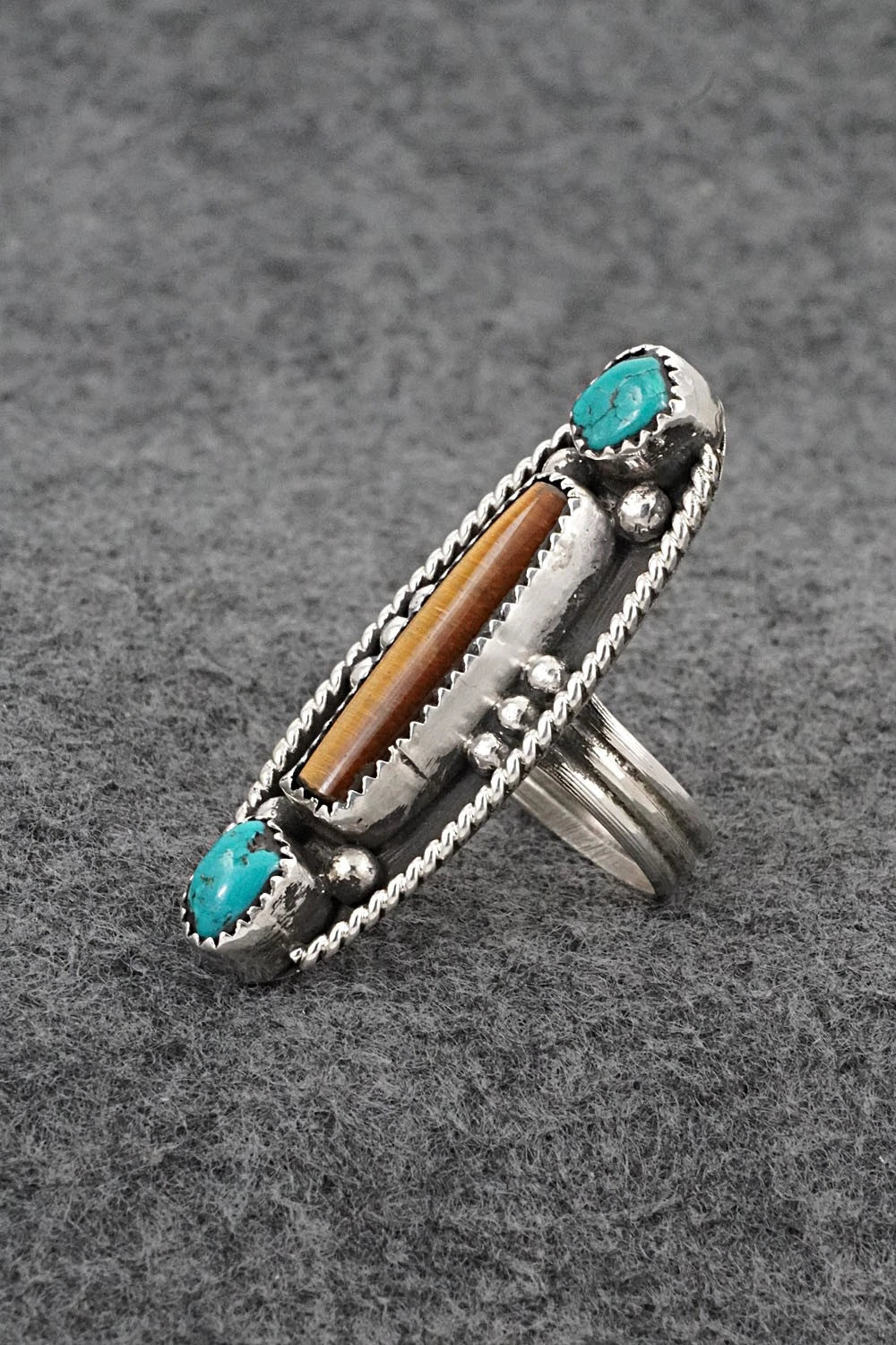Turquoise, Tiger's Eye & Sterling Silver Ring - Priscilla Reeder - Size 8.5