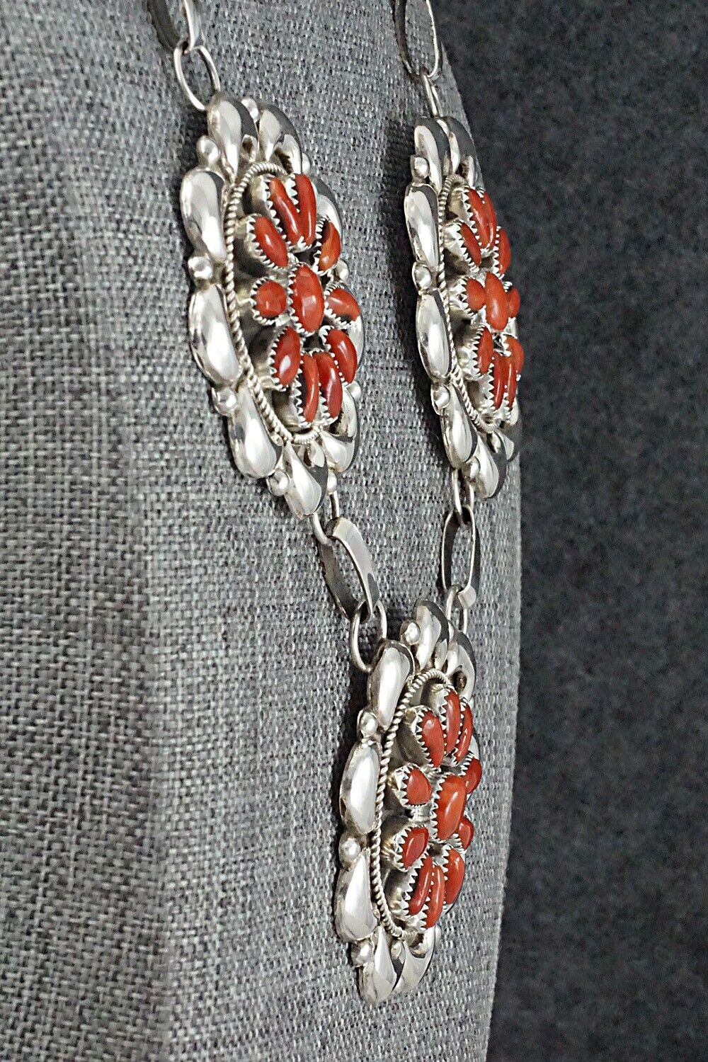 Coral & Sterling Silver Necklace and Earrings Set - Eunise Wilson