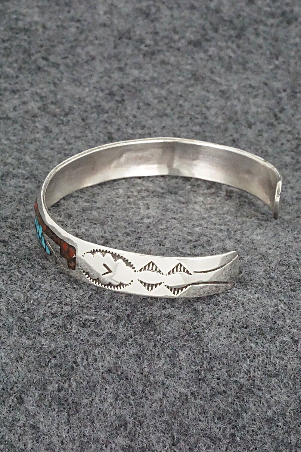 Turquoise, Coral Chip Inlay & Sterling Silver Bracelet - Joleen Yazzie