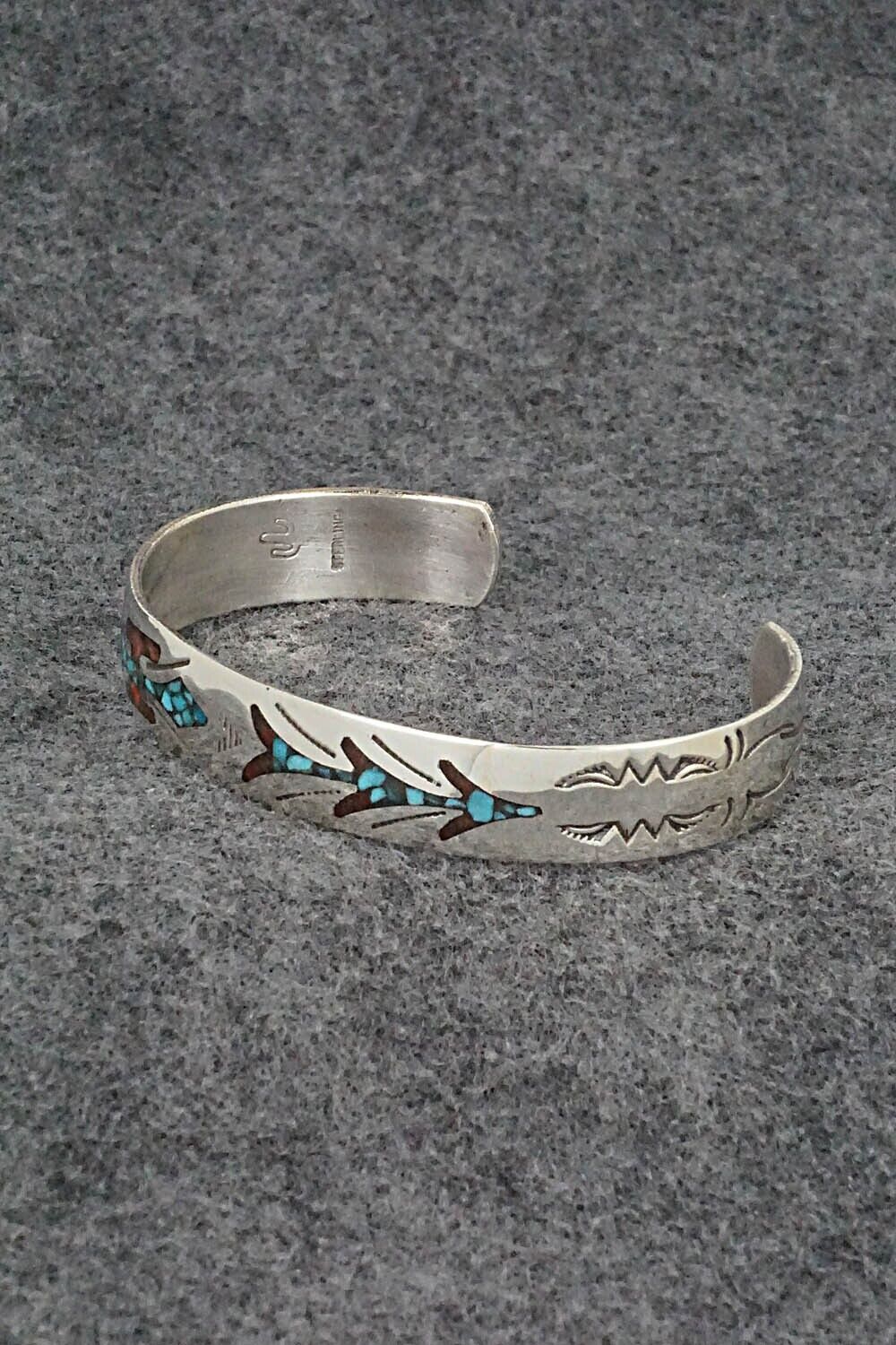 Turquoise, Coral Chip Inlay & Sterling Silver Bracelet - Joleen Yazzie