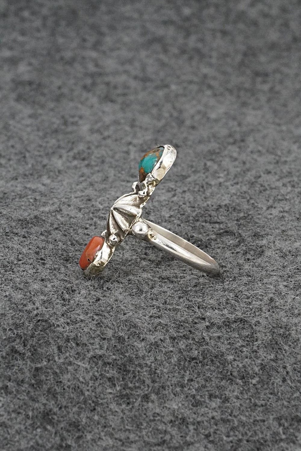 Turquoise, Coral & Sterling Silver Ring - Priscilla Reeder - Size 8
