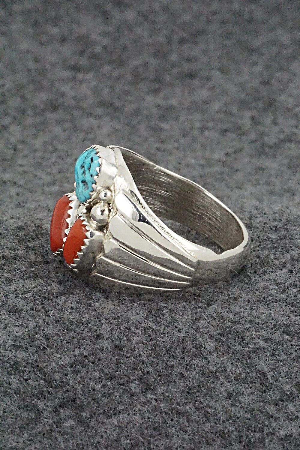 Turquoise, Coral & Sterling Silver Ring - Anna Spencer - 10.5