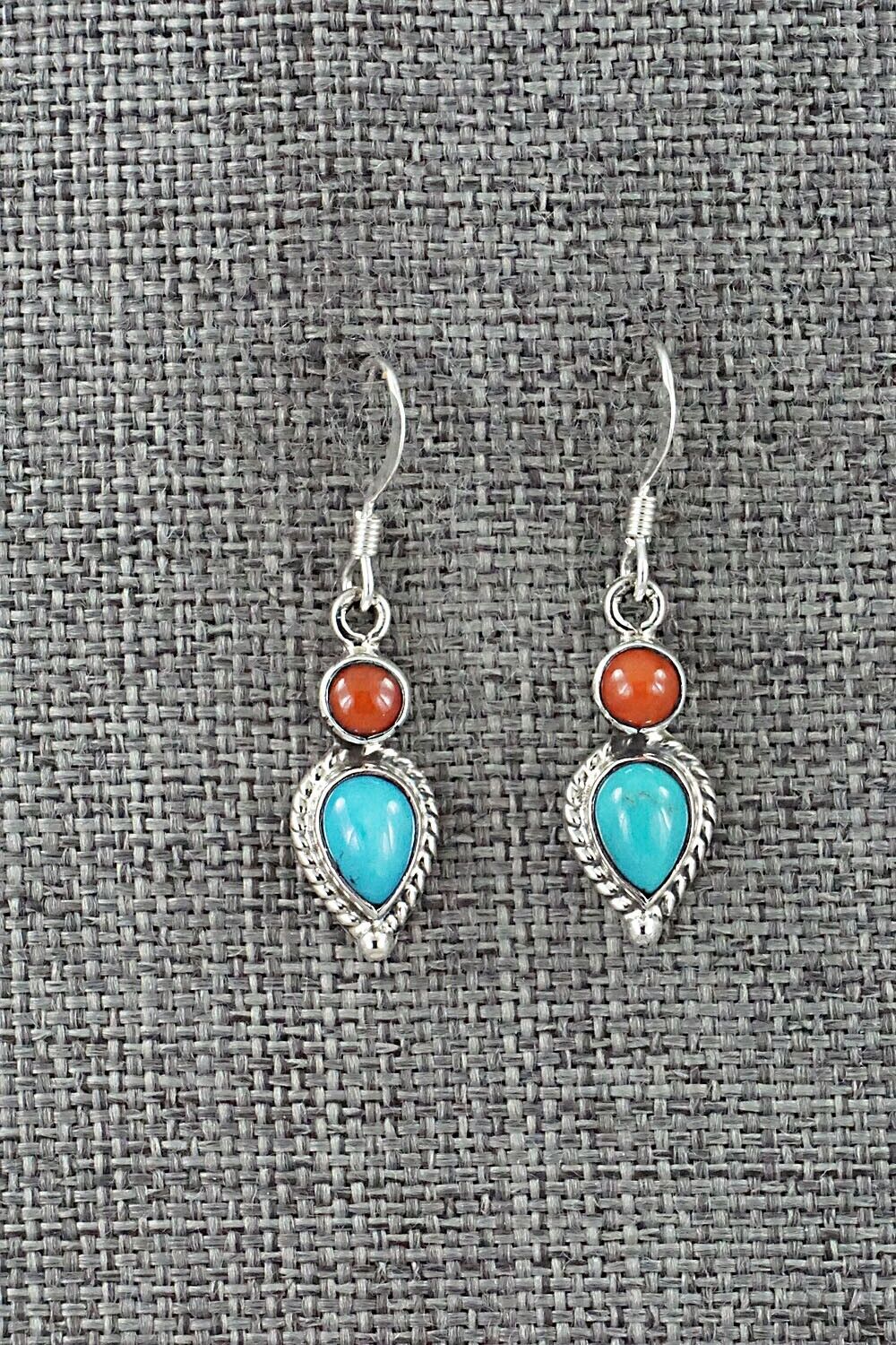 Turquoise, Coral & Sterling Silver Earrings - Verley Betone