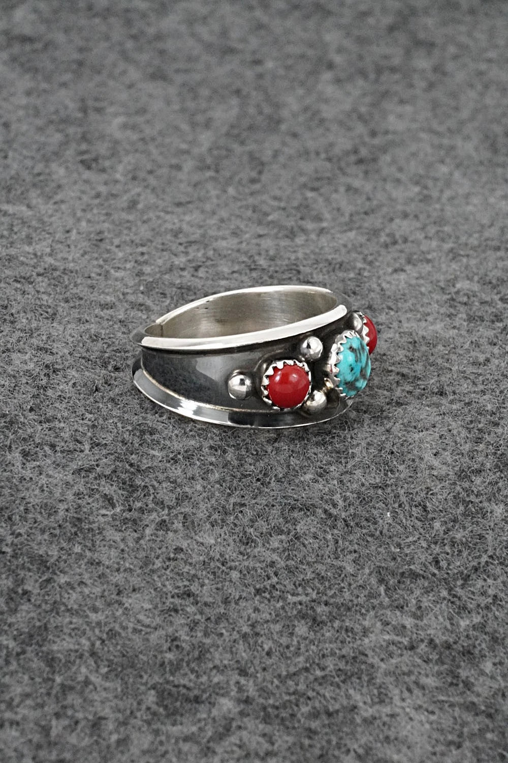 Turquoise, Coral & Sterling Silver Ring - Paul Largo - Size 11