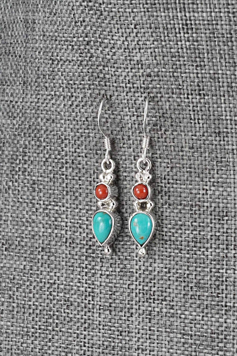 Turquoise, Coral & Sterling Silver Earrings - Gary Shorty