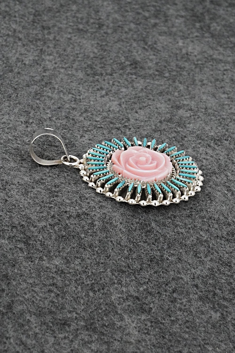 Turquoise, Pink Conch & Sterling Silver Pendant - Roland Francisco