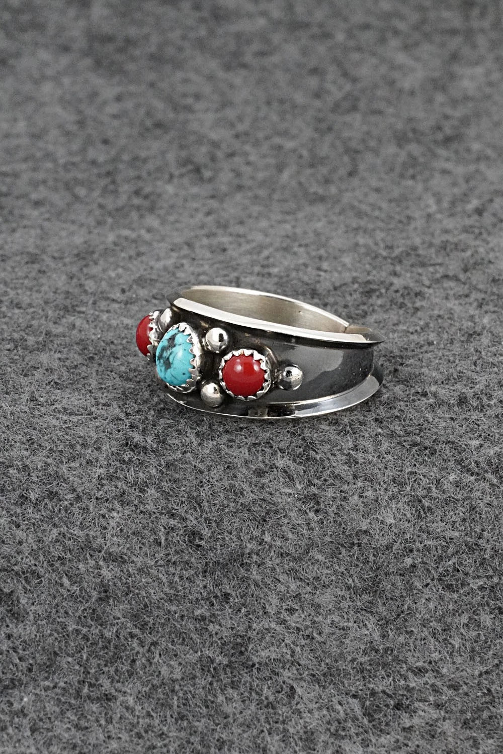 Turquoise, Coral & Sterling Silver Ring - Paul Largo - Size 11.75