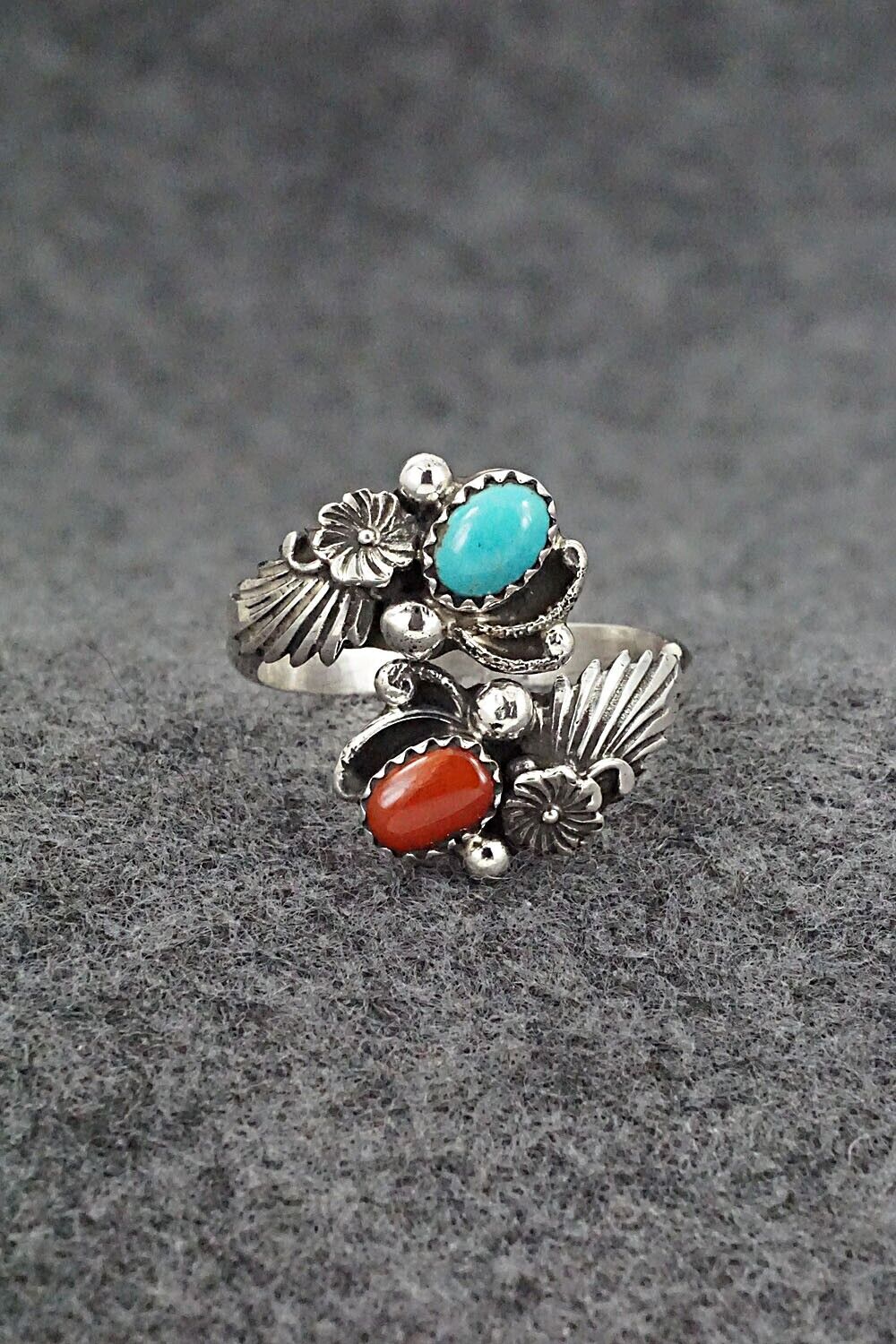 Turquoise, Coral & Sterling Silver Ring - Etta Belin - Size 10