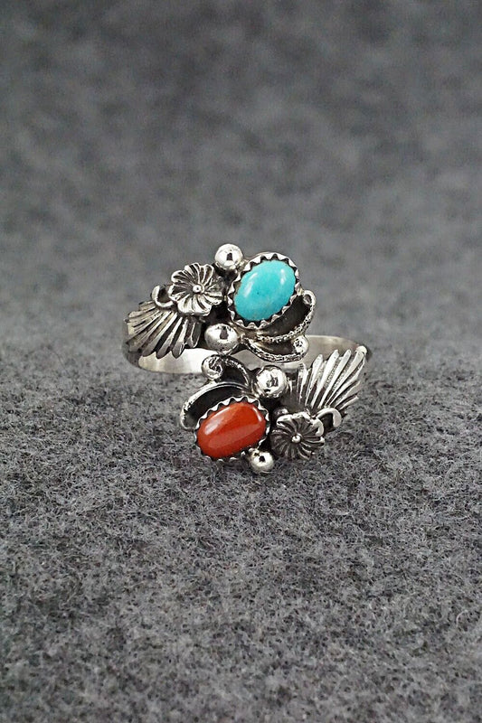 Turquoise, Coral & Sterling Silver Ring - Etta Belin - Size 10