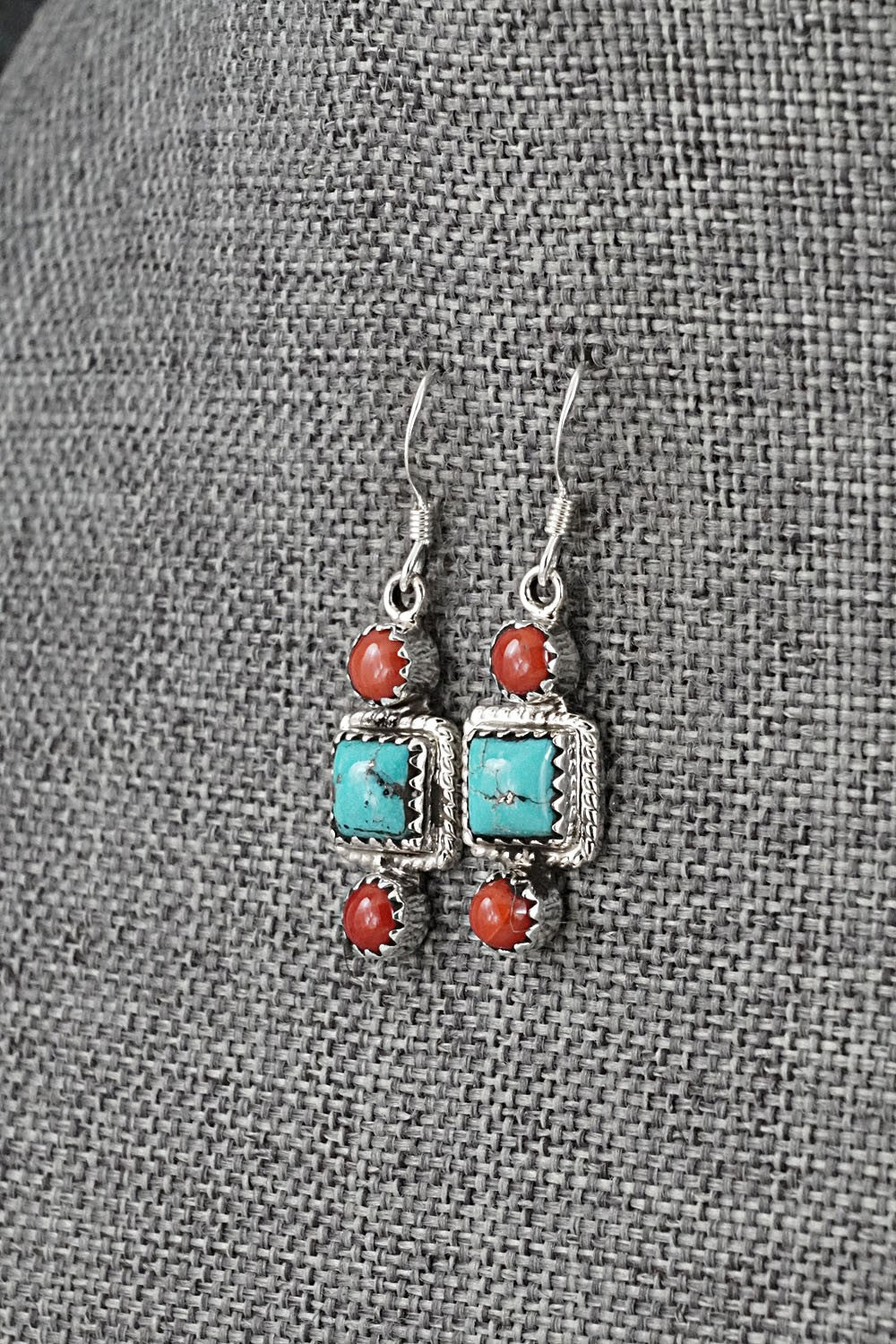 Turquoise, Coral & Sterling Silver Earrings - Gary Shorty