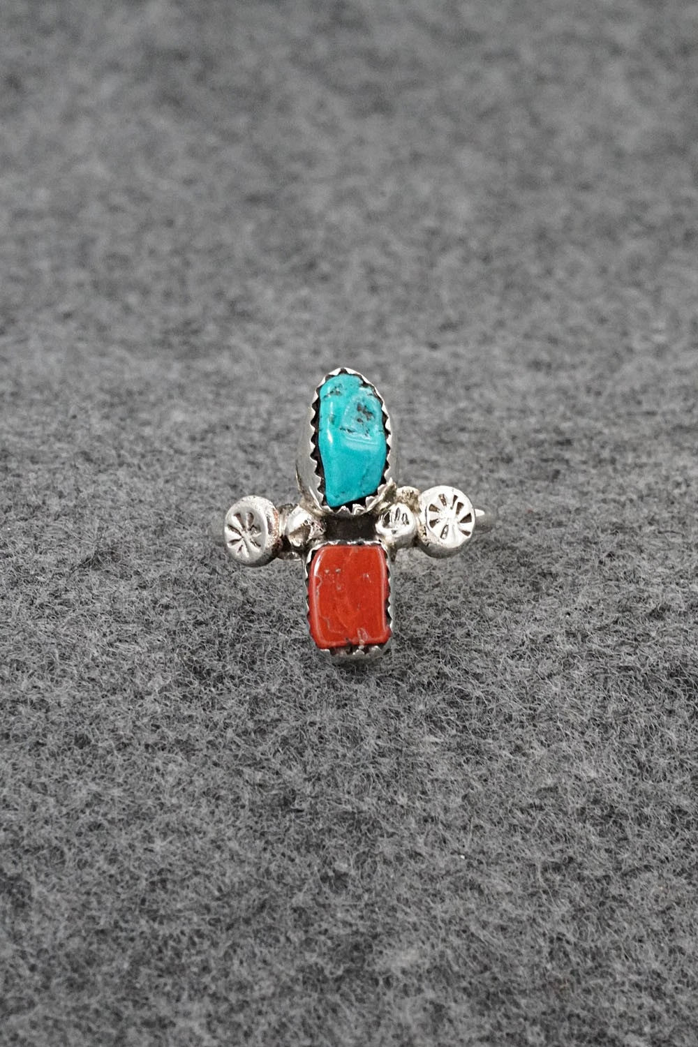 Turquoise, Coral & Sterling Silver Ring - Priscilla Reeder - Size 9