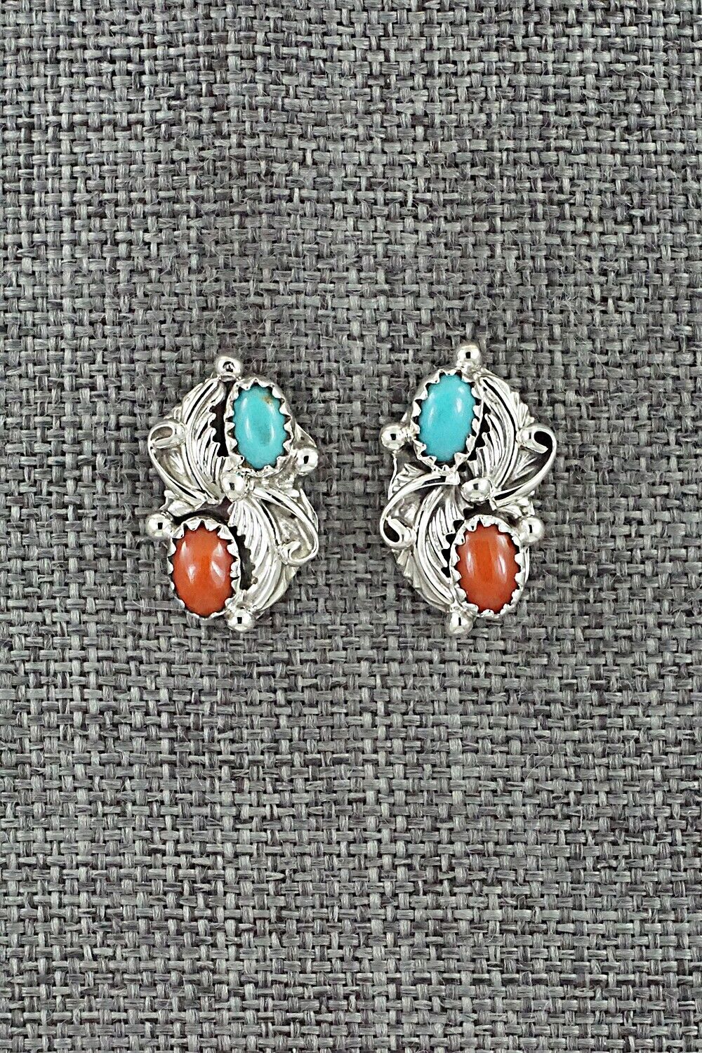 Turquoise, Coral & Sterling Silver Earrings - Robert Martinez