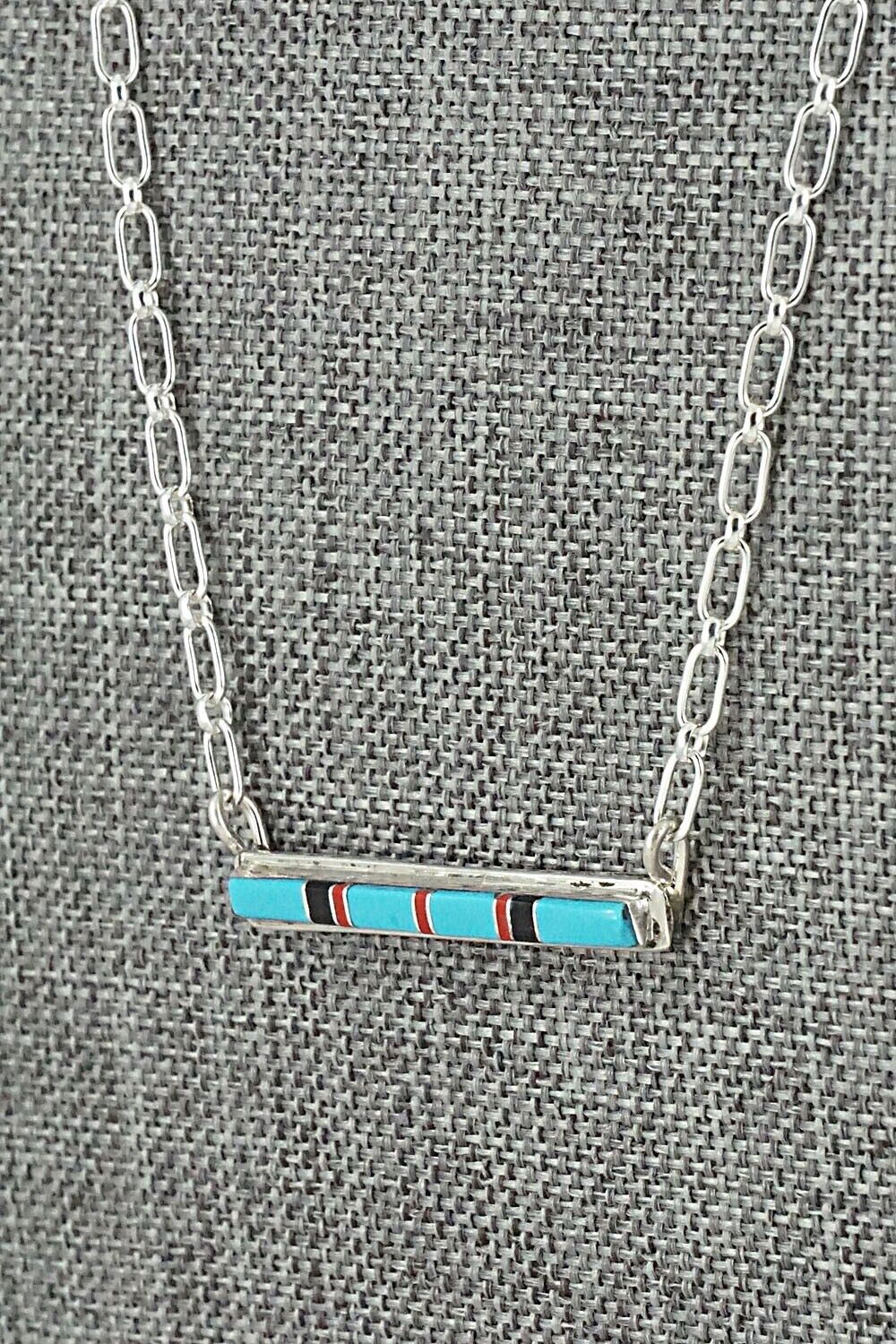 Turquoise, Coral, Onyx & Sterling Silver Inlay Necklace - Roland Natachu