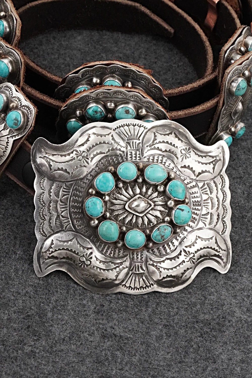 Turquoise, Sterling Silver & Leather Concho Belt - Dan Morgan