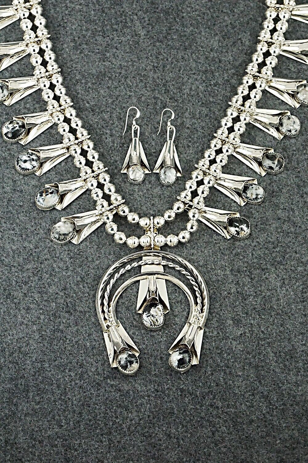 White Buffalo & Sterling Silver Squash Blossom Set - Louise Yazzie