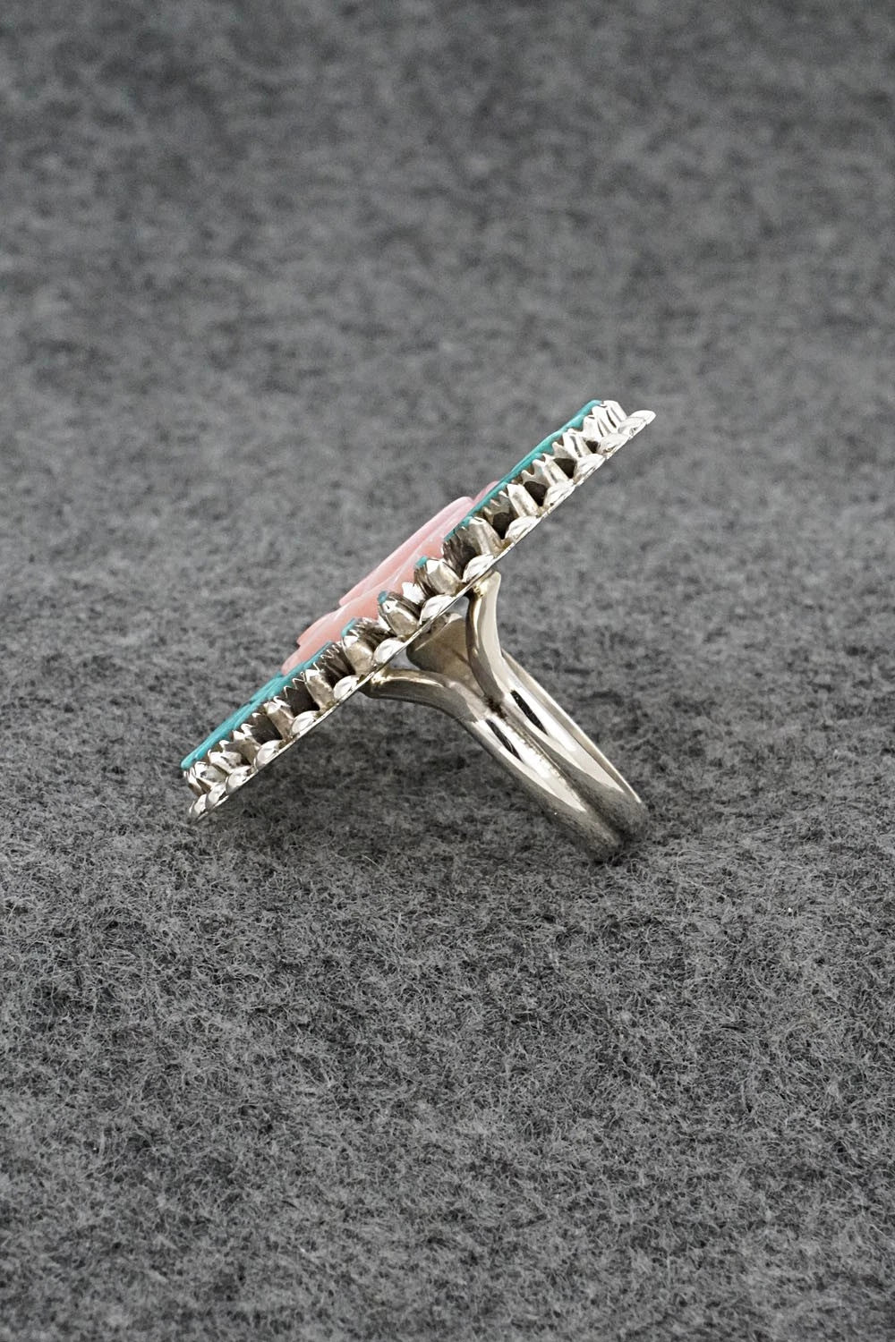 Turquoise, Pink Conch & Sterling Silver Ring - Roland Francisco - Size Adj.