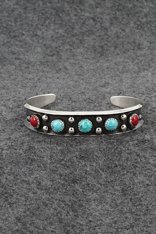 Turquoise, Coral & Sterling Silver Bracelet - Paul Largo