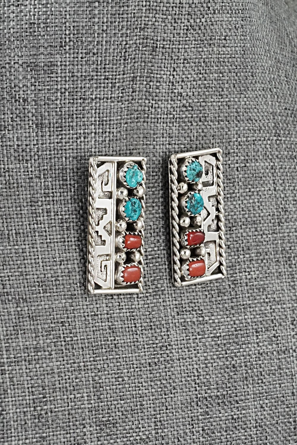 Turquoise, Coral & Sterling Silver Earrings - Ronnie Spencer