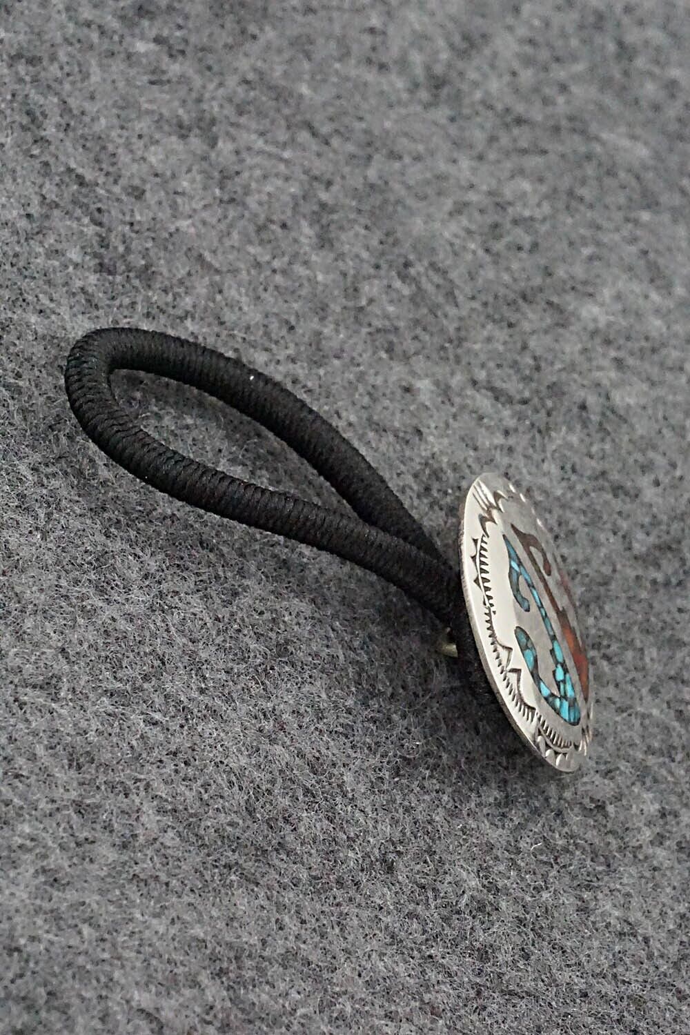 Turquoise, Coral Chip Inlay & Sterling Silver Hair Tie - Joleen Yazzie