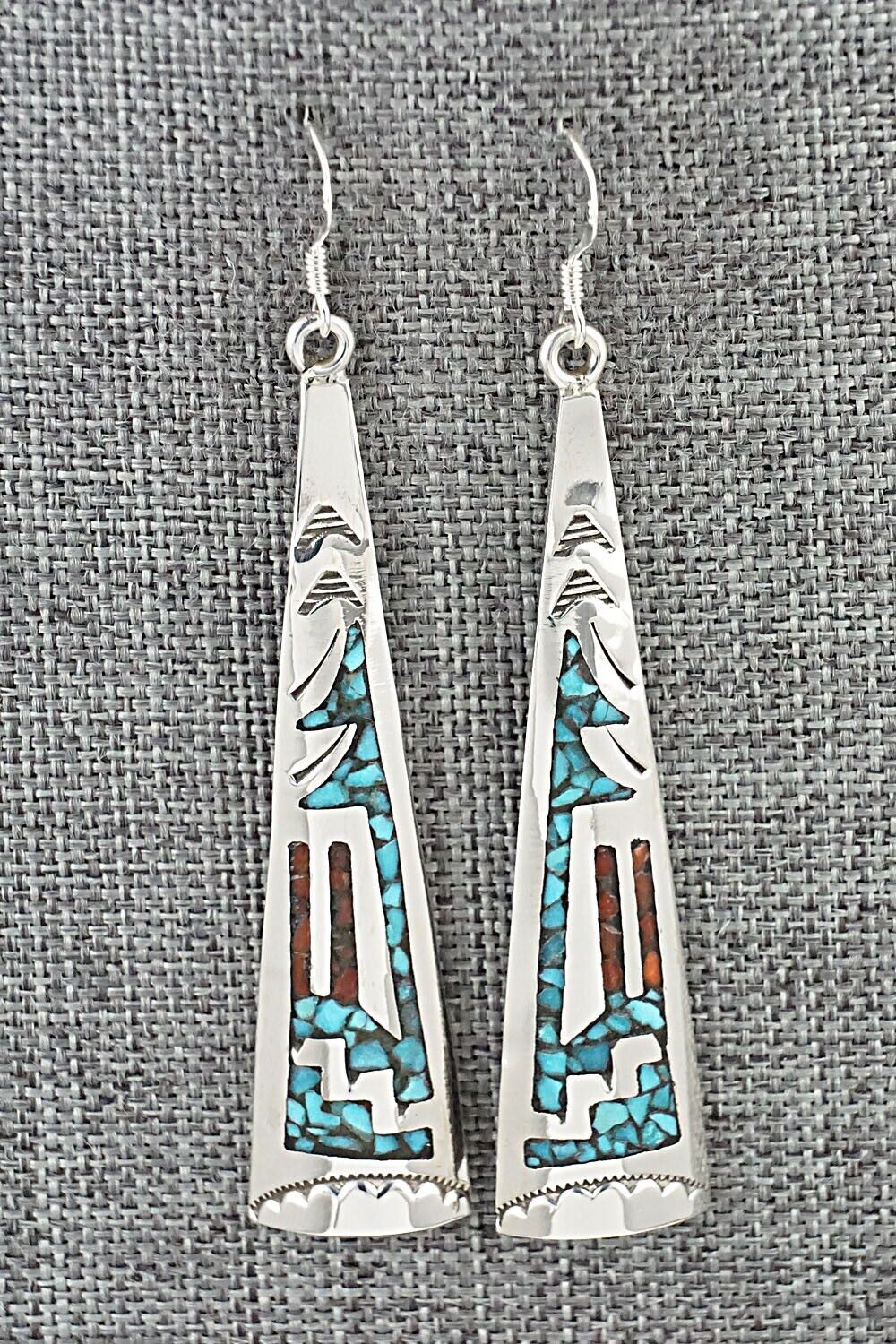Turquoise, Coral & Sterling Silver Earrings - Jolene Yazzie