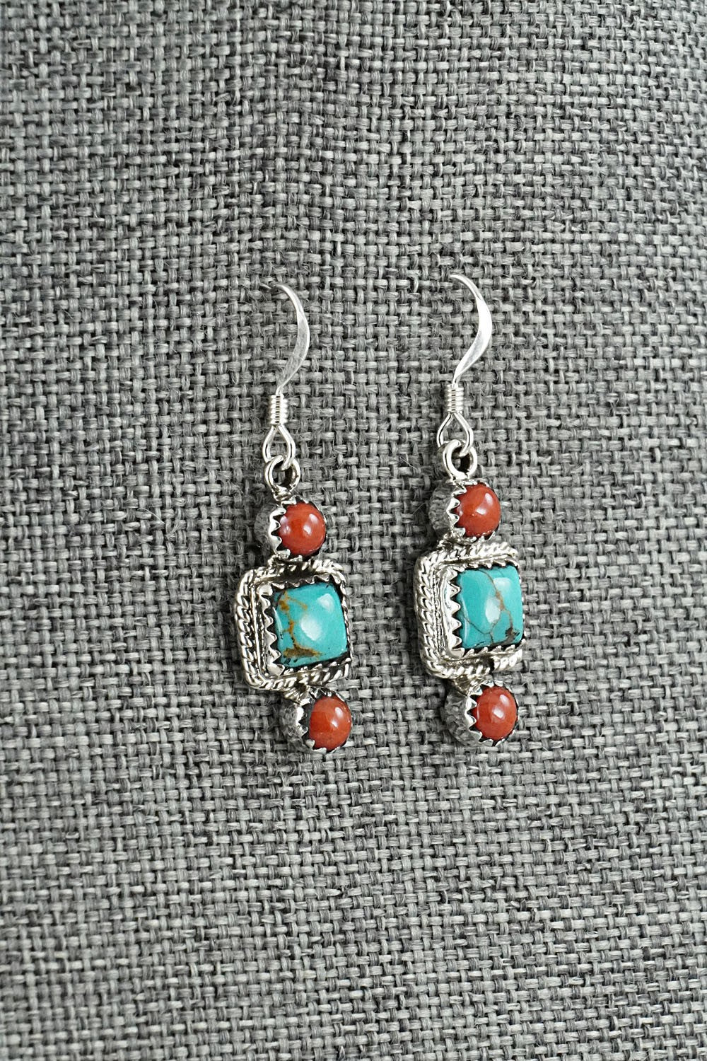 Turquoise, Coral & Sterling Silver Earrings - Gary Shorty