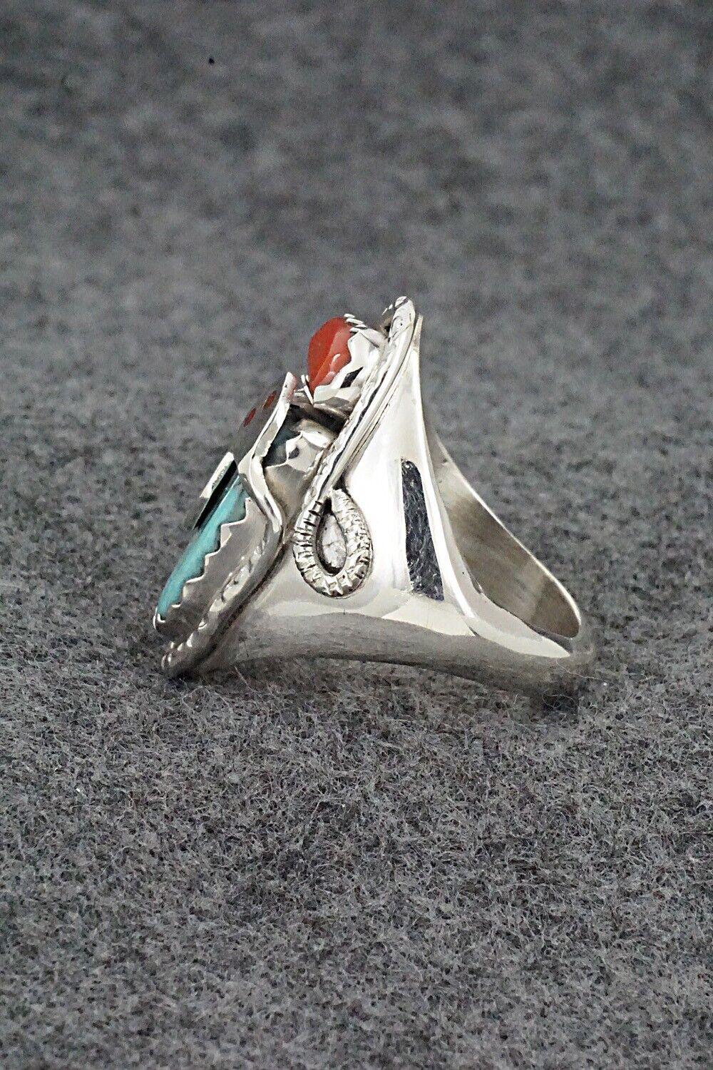 Turquoise, Coral & Sterling Silver Ring - Joy Calavaza - Size 11.25