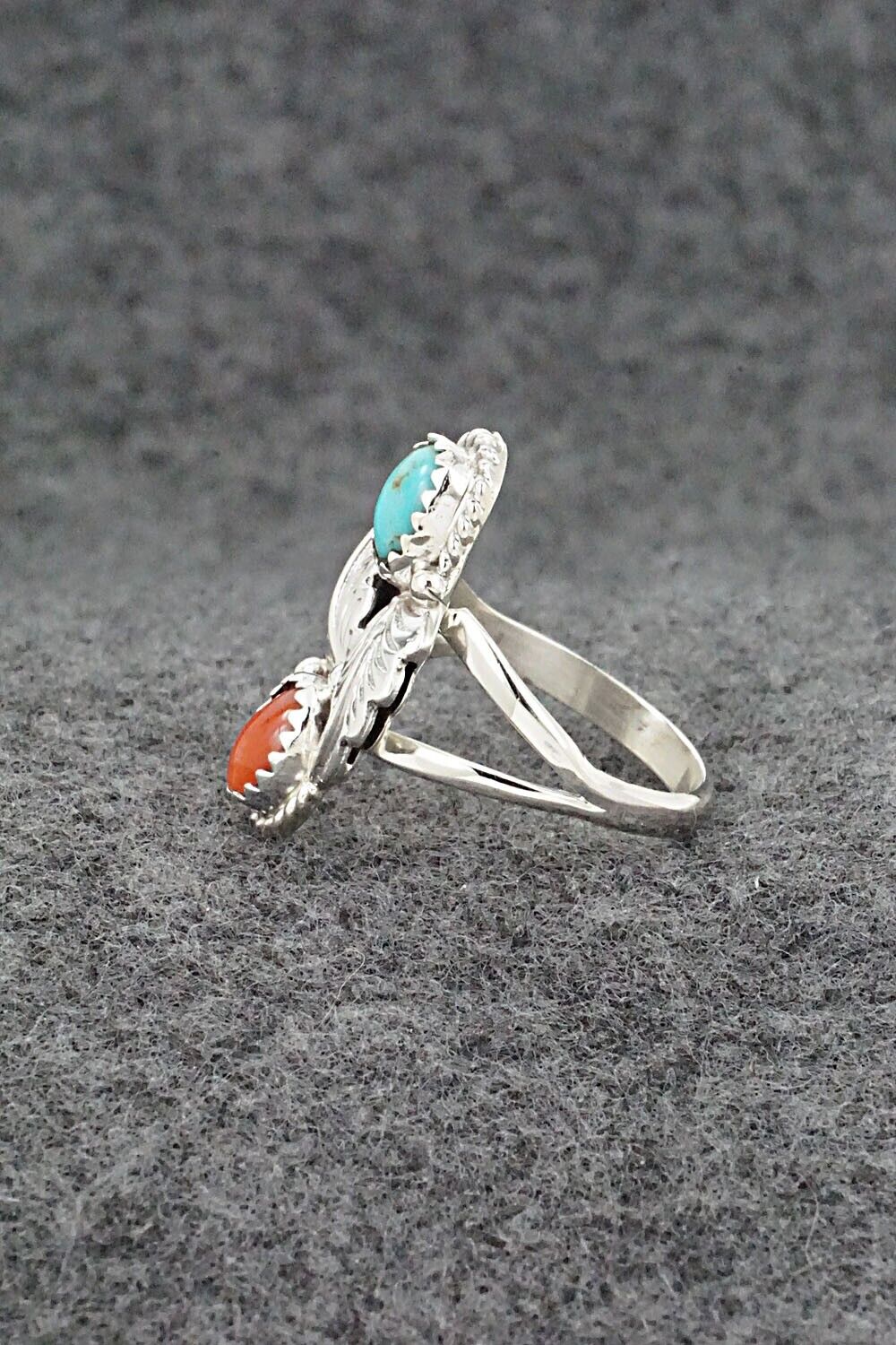 Turquoise, Coral & Sterling Silver Ring - Robert Martinez - Size 7.75