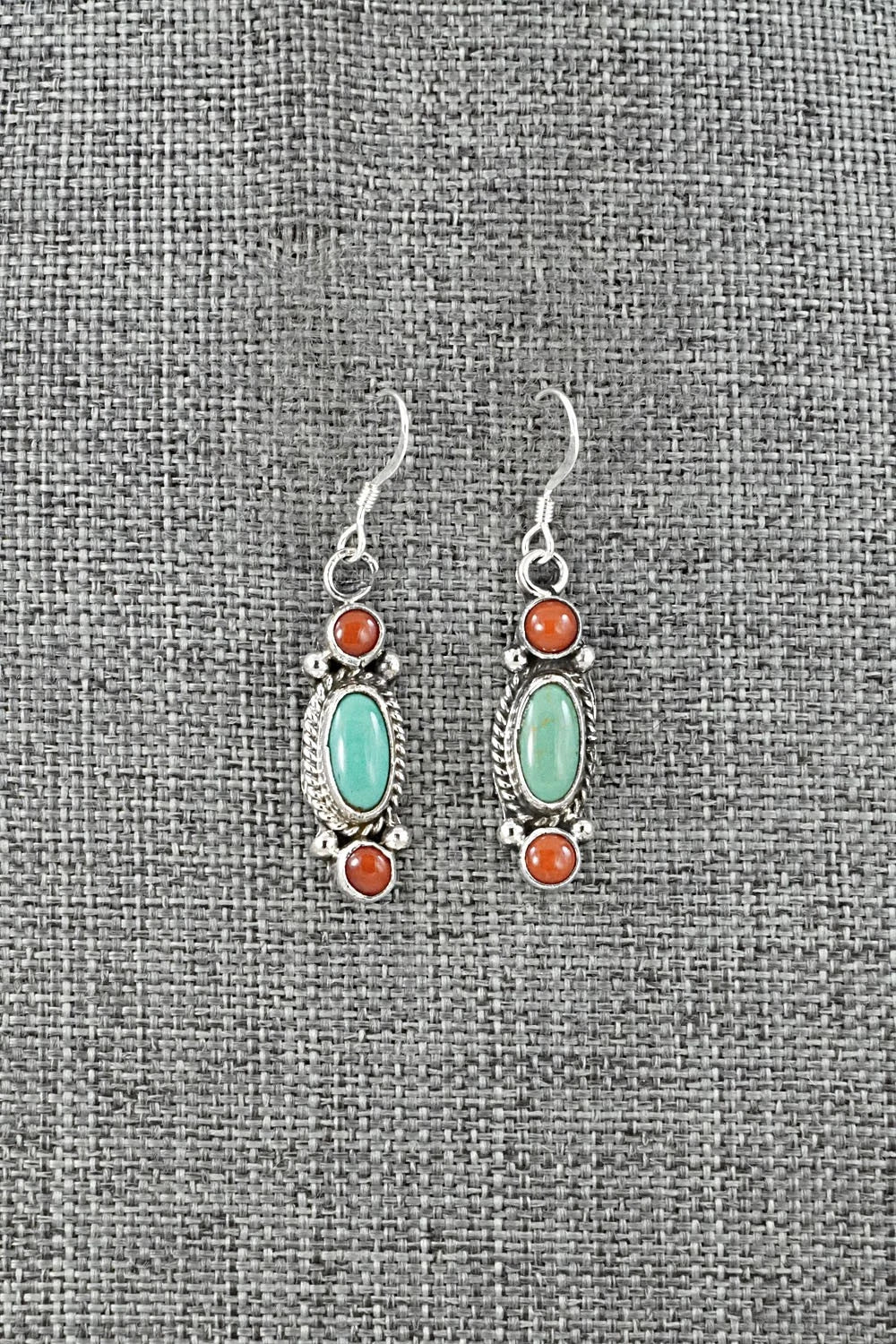 Turquoise, Coral & Sterling Silver Earrings - Verley Betone