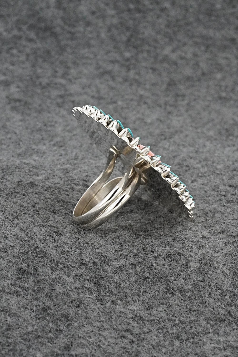 Turquoise, Pink Conch & Sterling Silver Ring - Roland Francisco - Size Adj.