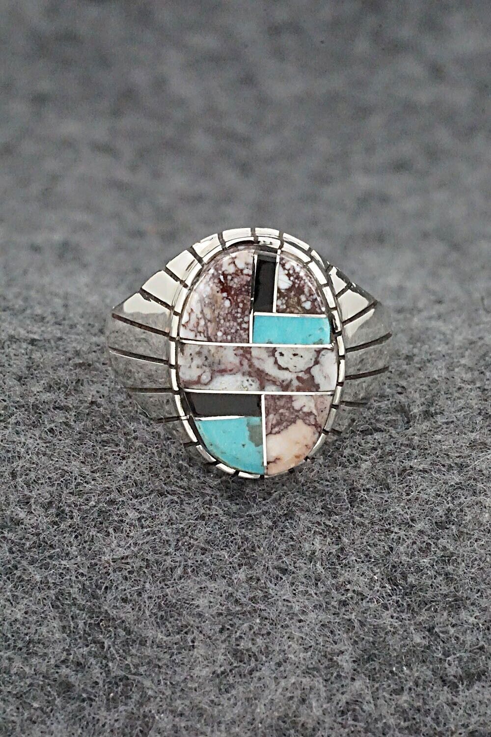 Wild Horse, Turquoise, Onyx & Sterling Silver Ring - Trevor Jack - Size 13